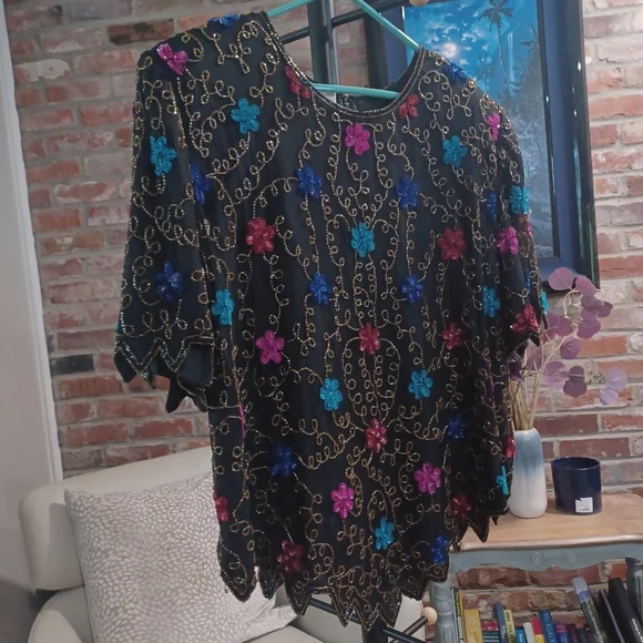 Laurence Kazar Beaded Silk Short Sleeve Top Size 3X - Picture 2 of 13